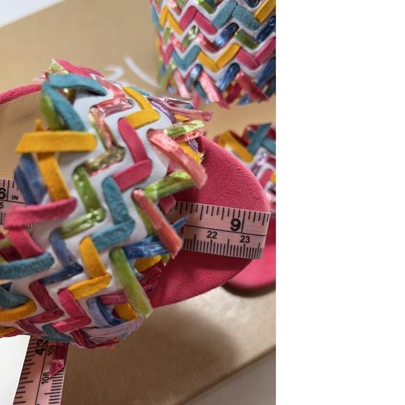 Meroine Pink Rainbow Woven 85mm raffia fringe heels mules D979 - Picture 10 of 11